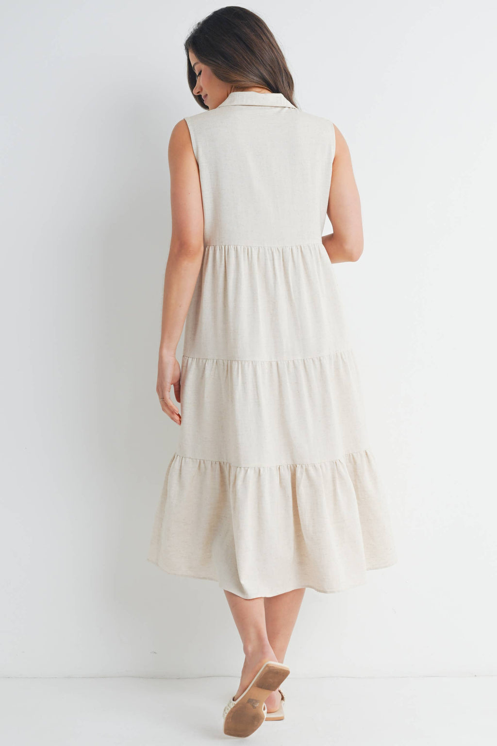 Tiered Maternity Sleeveless Midi Shirt Dress  : Oatmeal
