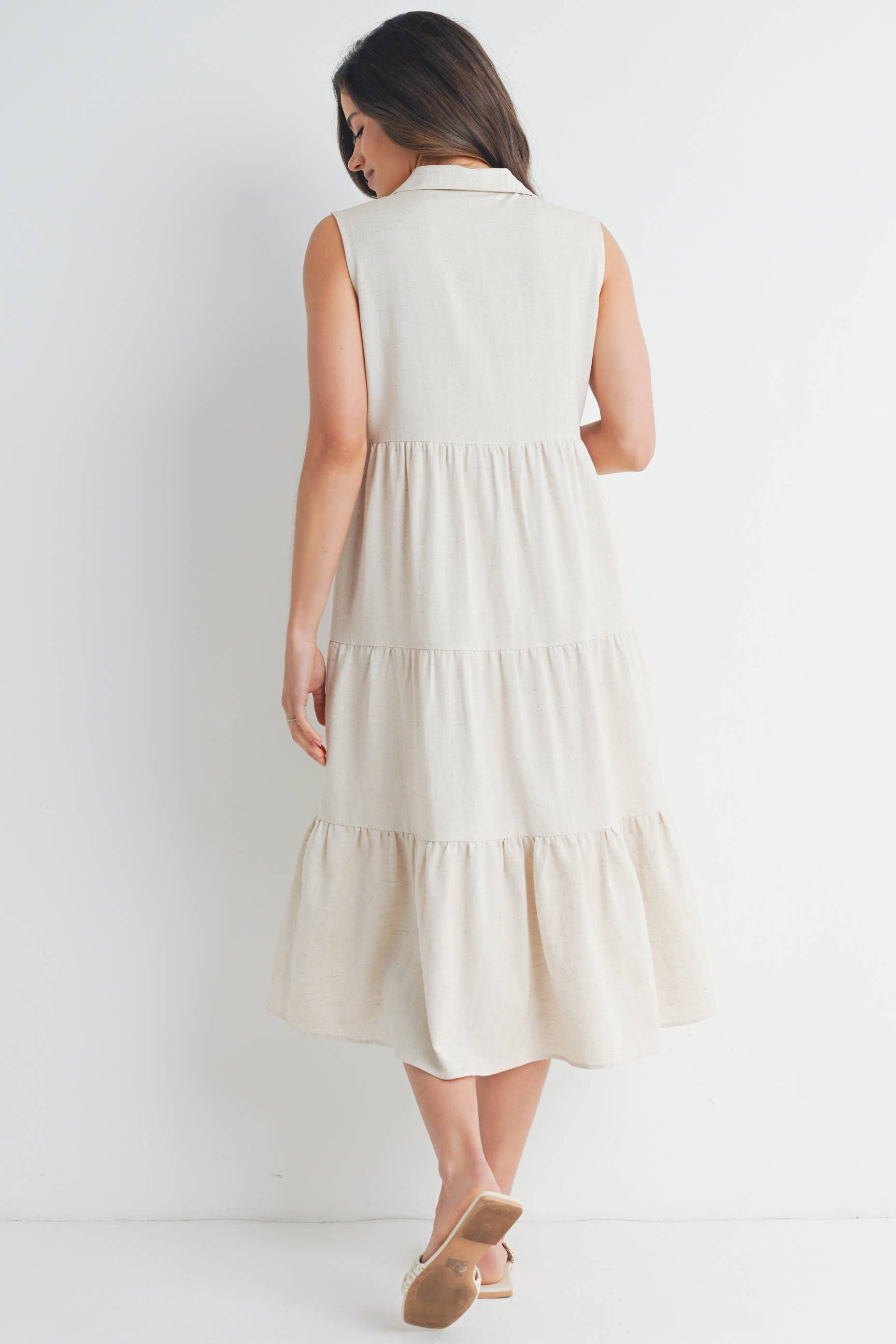 Tiered Maternity Sleeveless Midi Shirt Dress  : Oatmeal