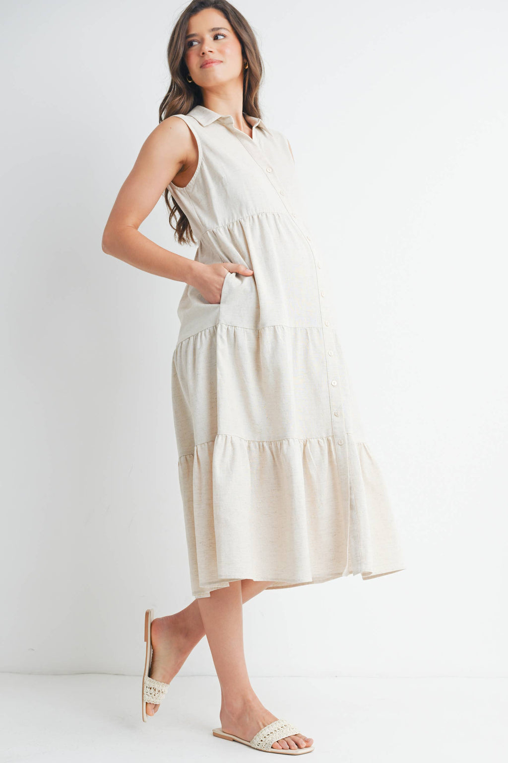 Tiered Maternity Sleeveless Midi Shirt Dress  : Oatmeal
