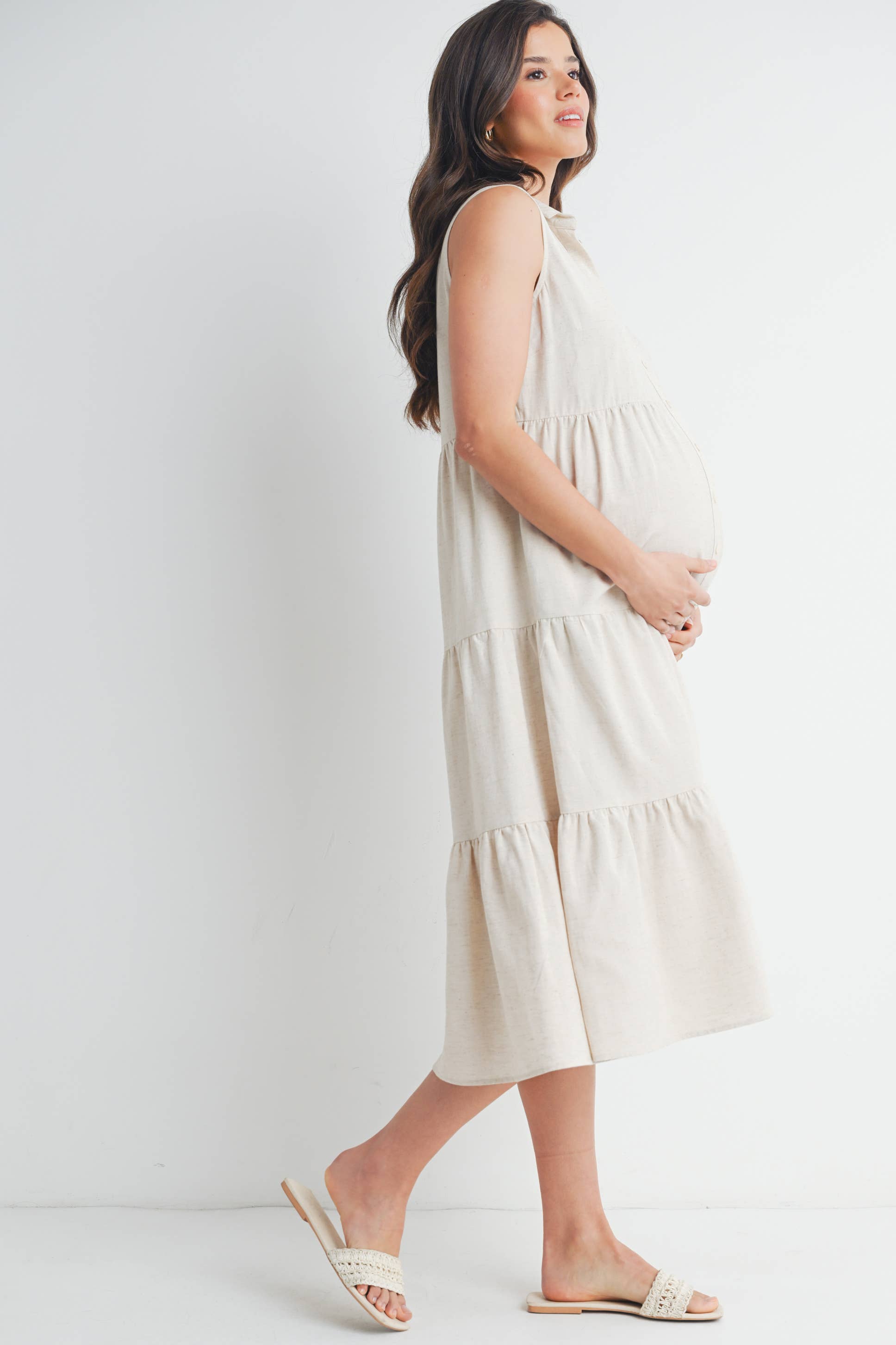 Tiered Maternity Sleeveless Midi Shirt Dress  : Oatmeal