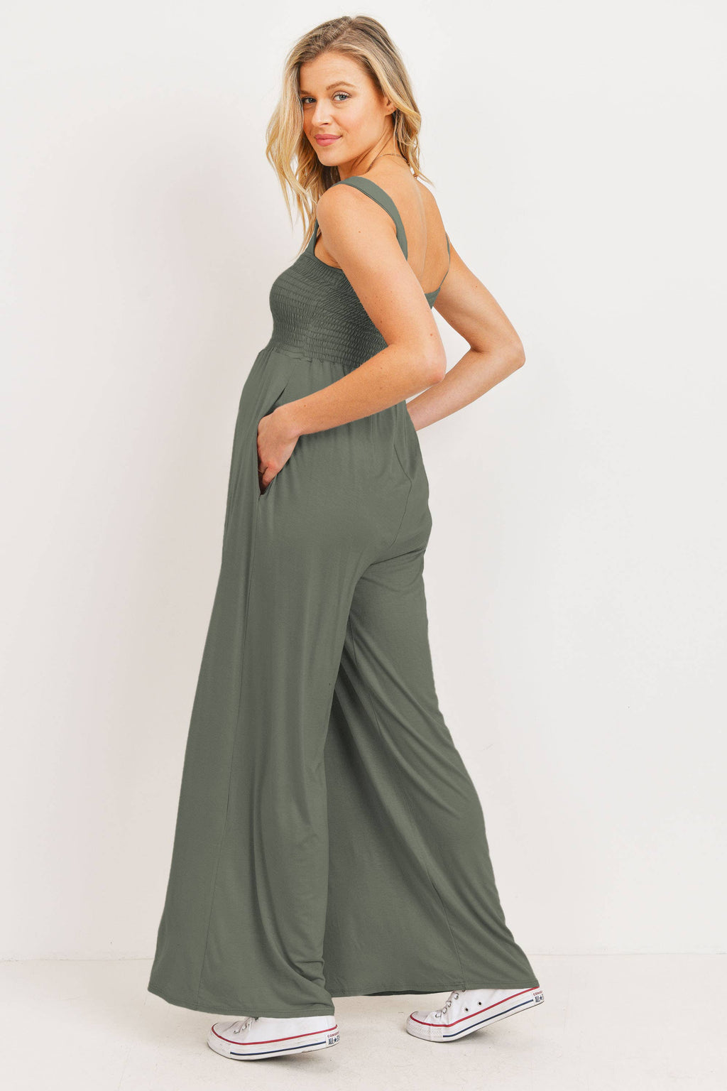 Sleeveless Smocked Maternity Wide Leg Jumpsuit: Olive