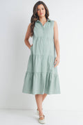 Tiered Maternity Sleeveless Midi Shirt Dress  : Sage