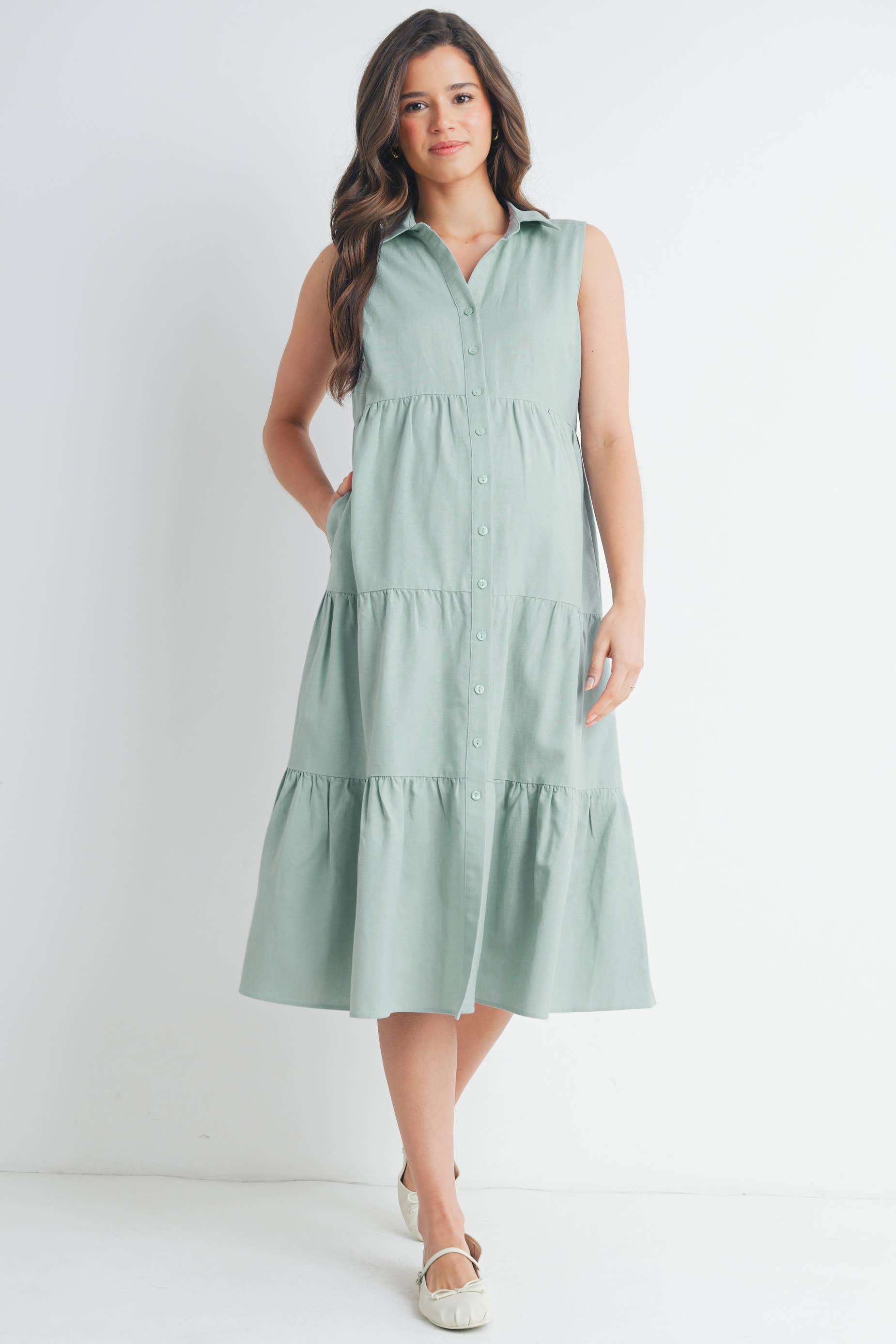 Tiered Maternity Sleeveless Midi Shirt Dress  : Sage