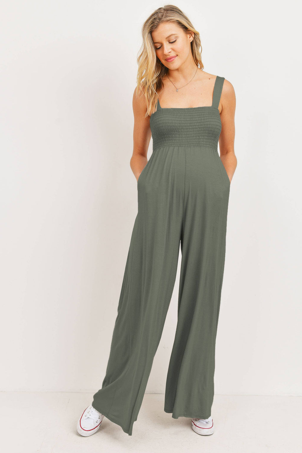 Sleeveless Smocked Maternity Wide Leg Jumpsuit: Olive