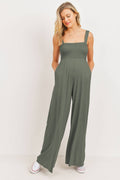 Sleeveless Smocked Maternity Wide Leg Jumpsuit: Olive