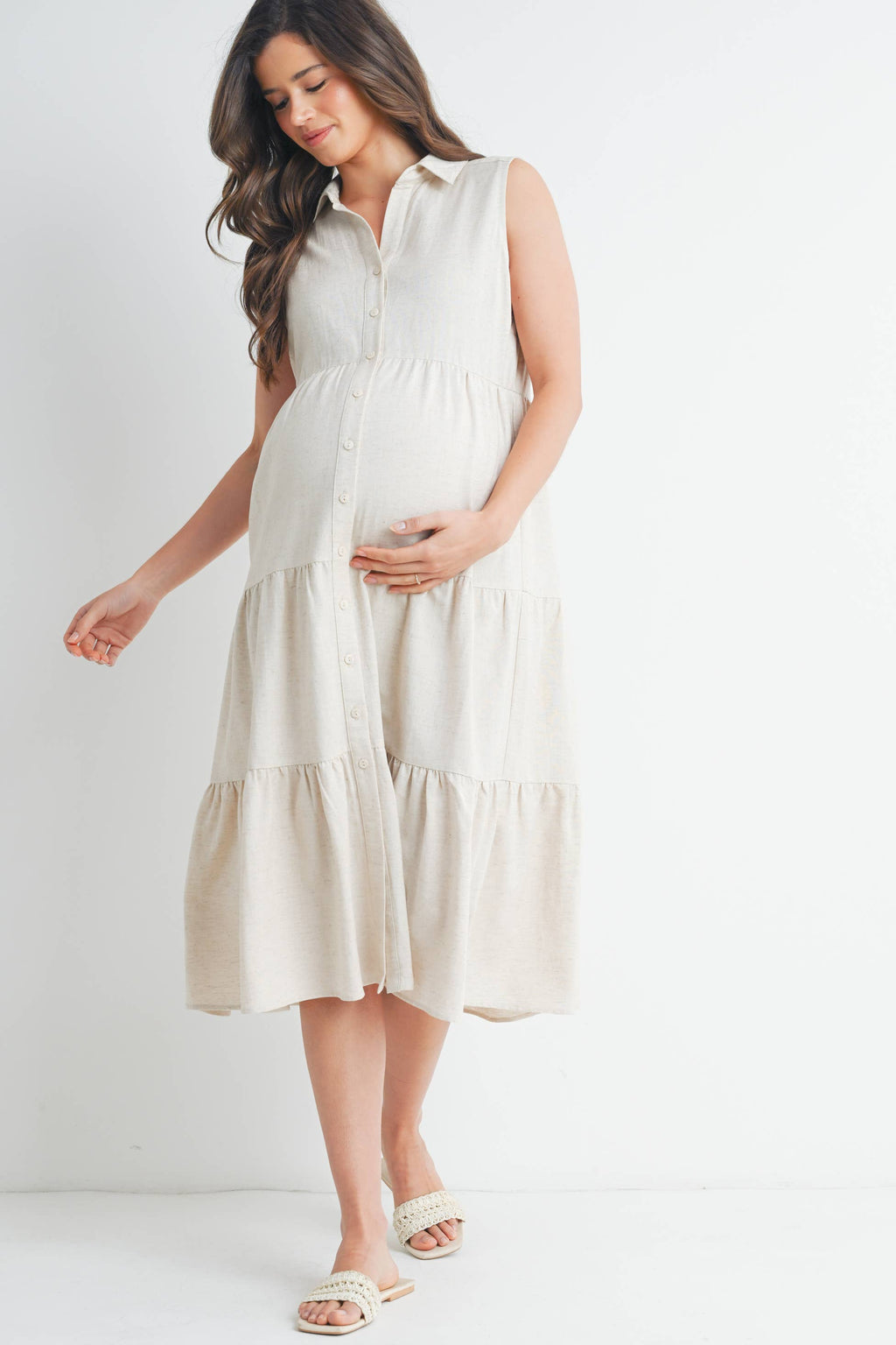 Tiered Maternity Sleeveless Midi Shirt Dress  : Oatmeal