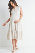 Tiered Maternity Sleeveless Midi Shirt Dress  : Oatmeal
