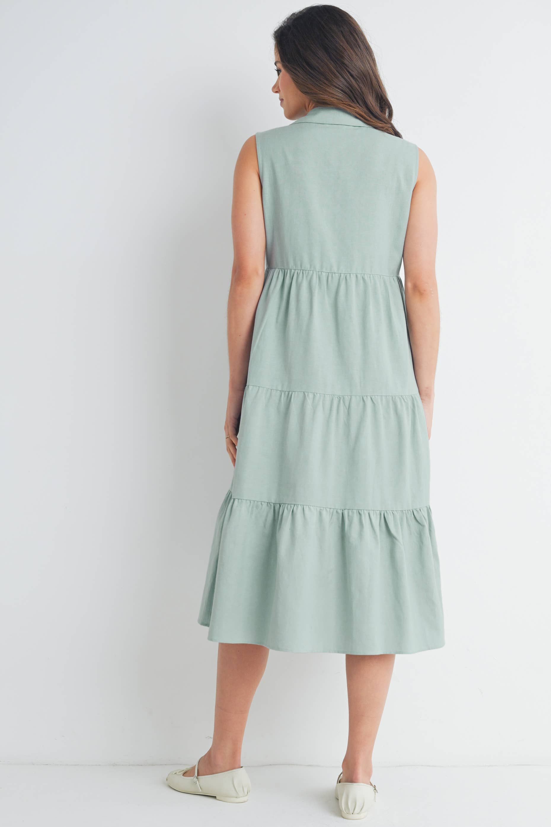 Tiered Maternity Sleeveless Midi Shirt Dress  : Sage