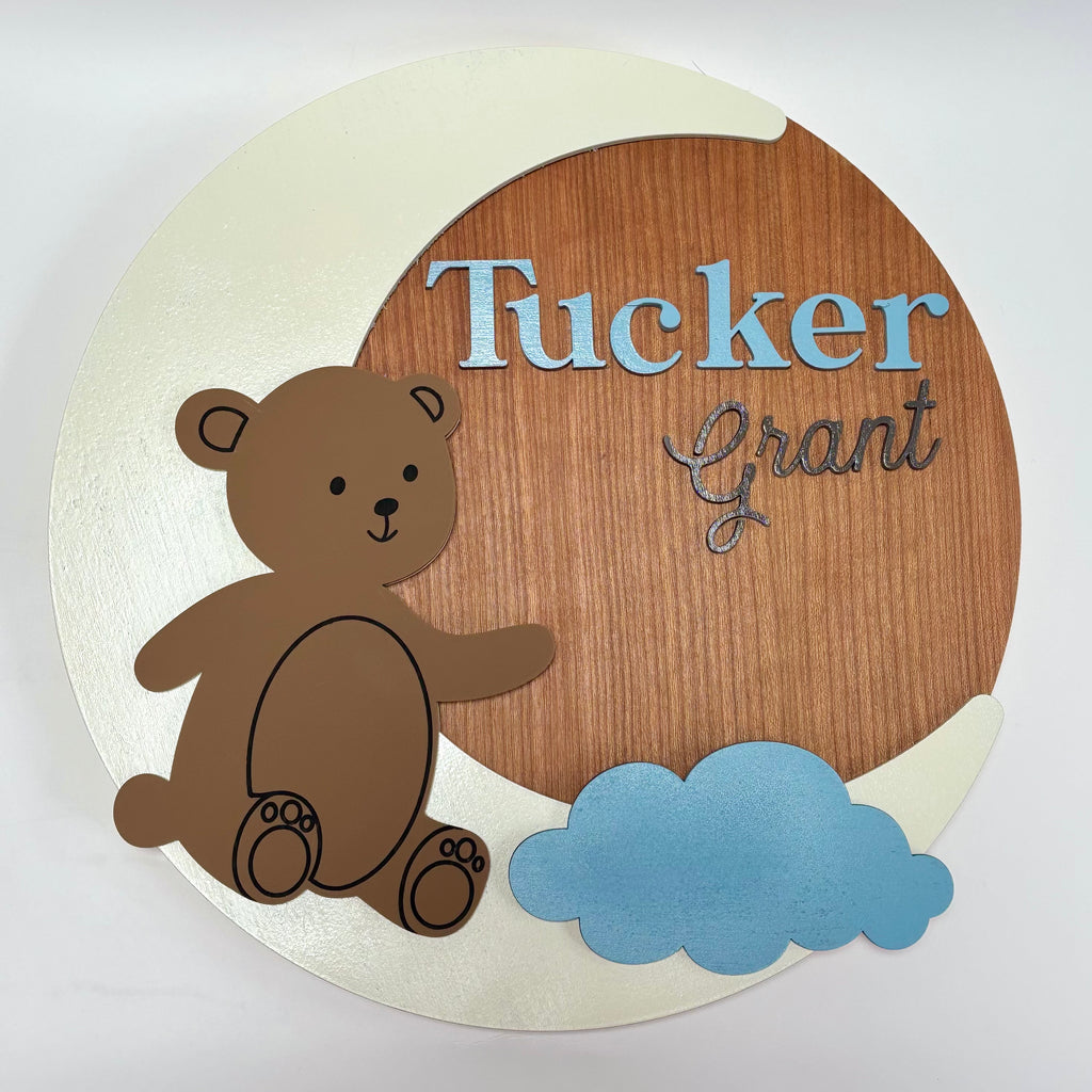 Personalized Round Wood Nursery Sign | Teddy Bear & Moon