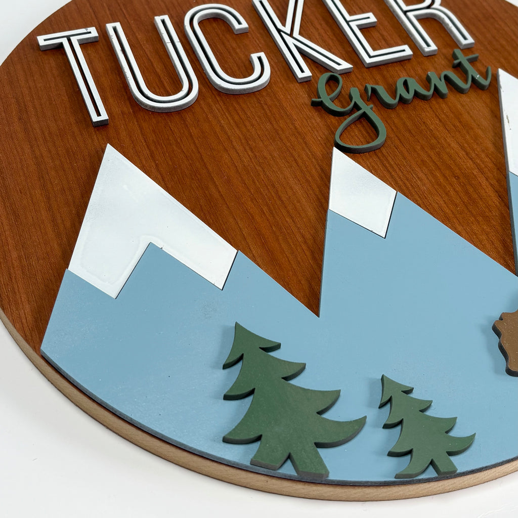 Personalized Round Wood Nursery Sign | Mountains