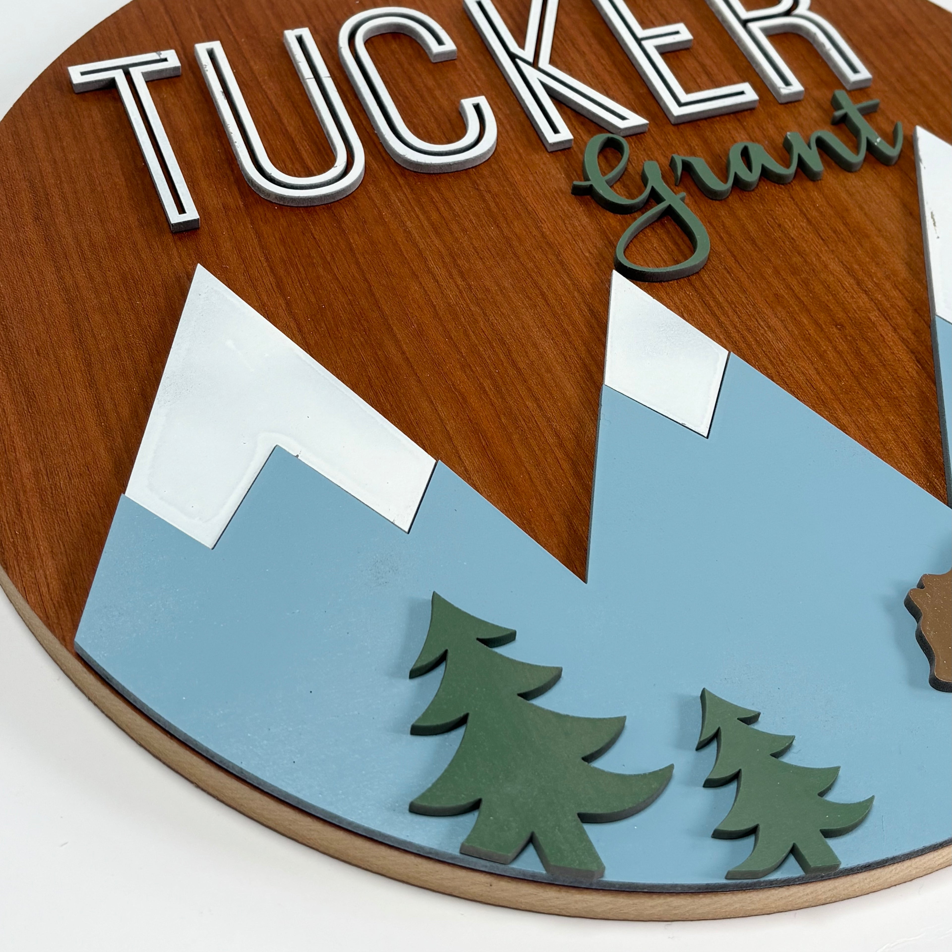 Personalized Round Wood Nursery Sign | Mountains