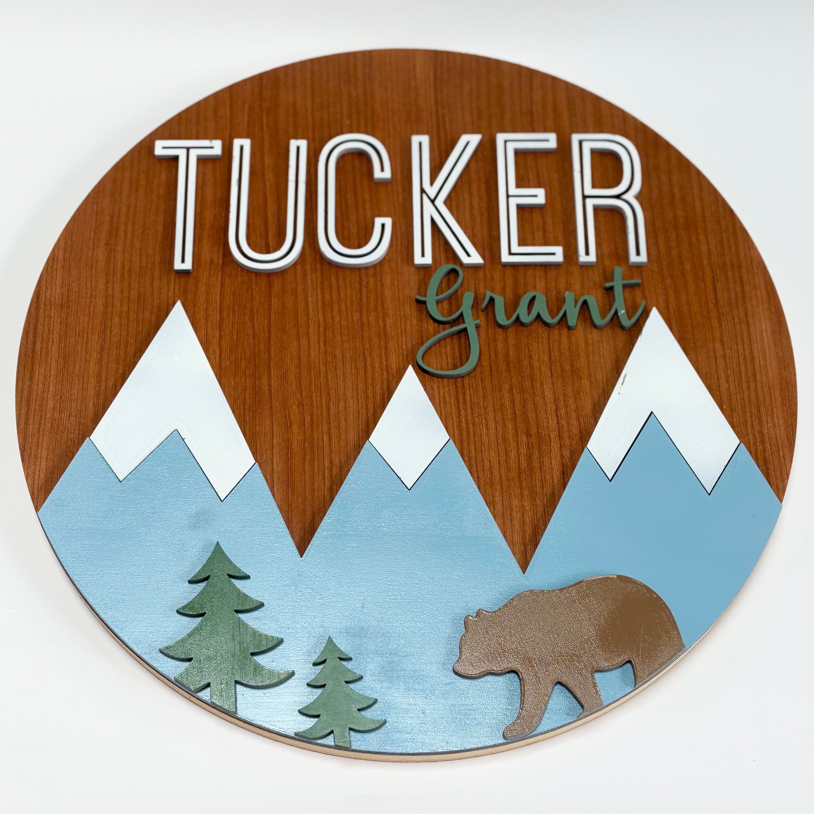 Personalized Round Wood Nursery Sign | Mountains