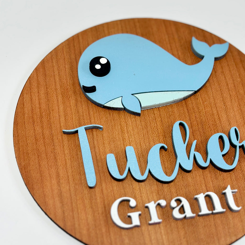 Personalized Birth Announcement Round Wood Sign | Under the Sea | Whale