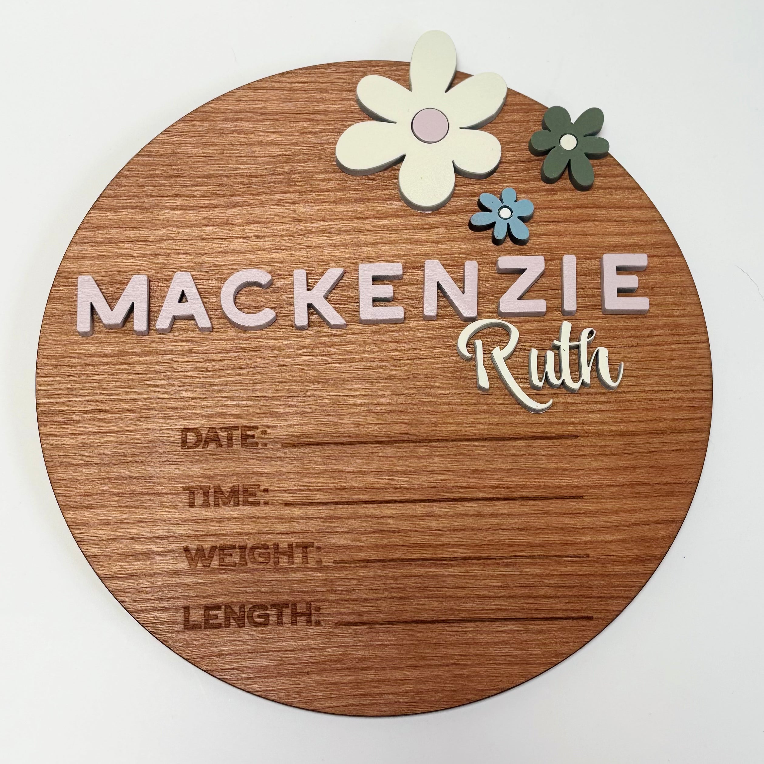 Personalized Birth Stats Round Wood Announcement Sign | Mackenzie & Co. Florals