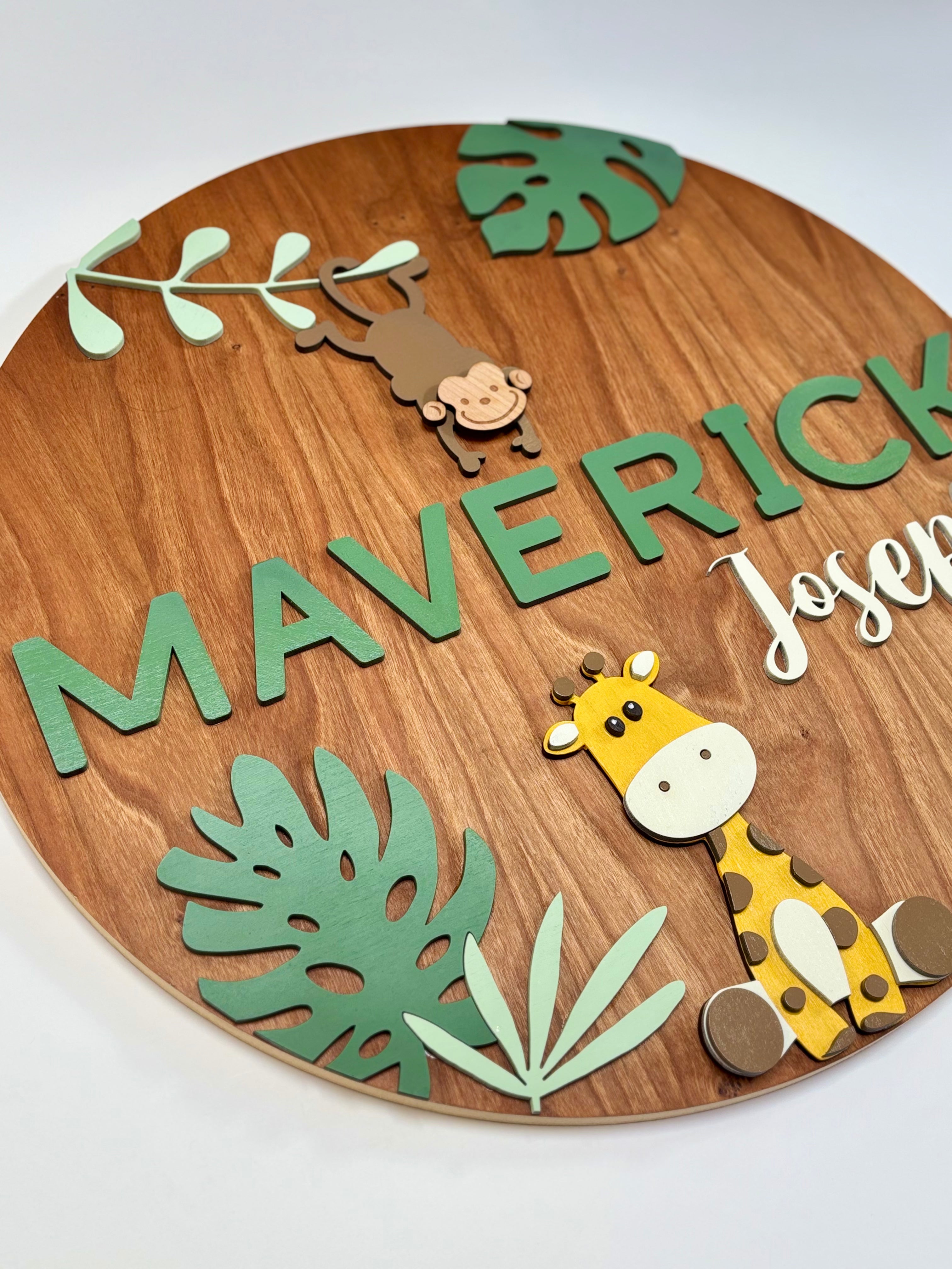 Personalized Round Wood Nursery Sign | Safari