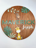 Personalized Round Wood Nursery Sign | Safari