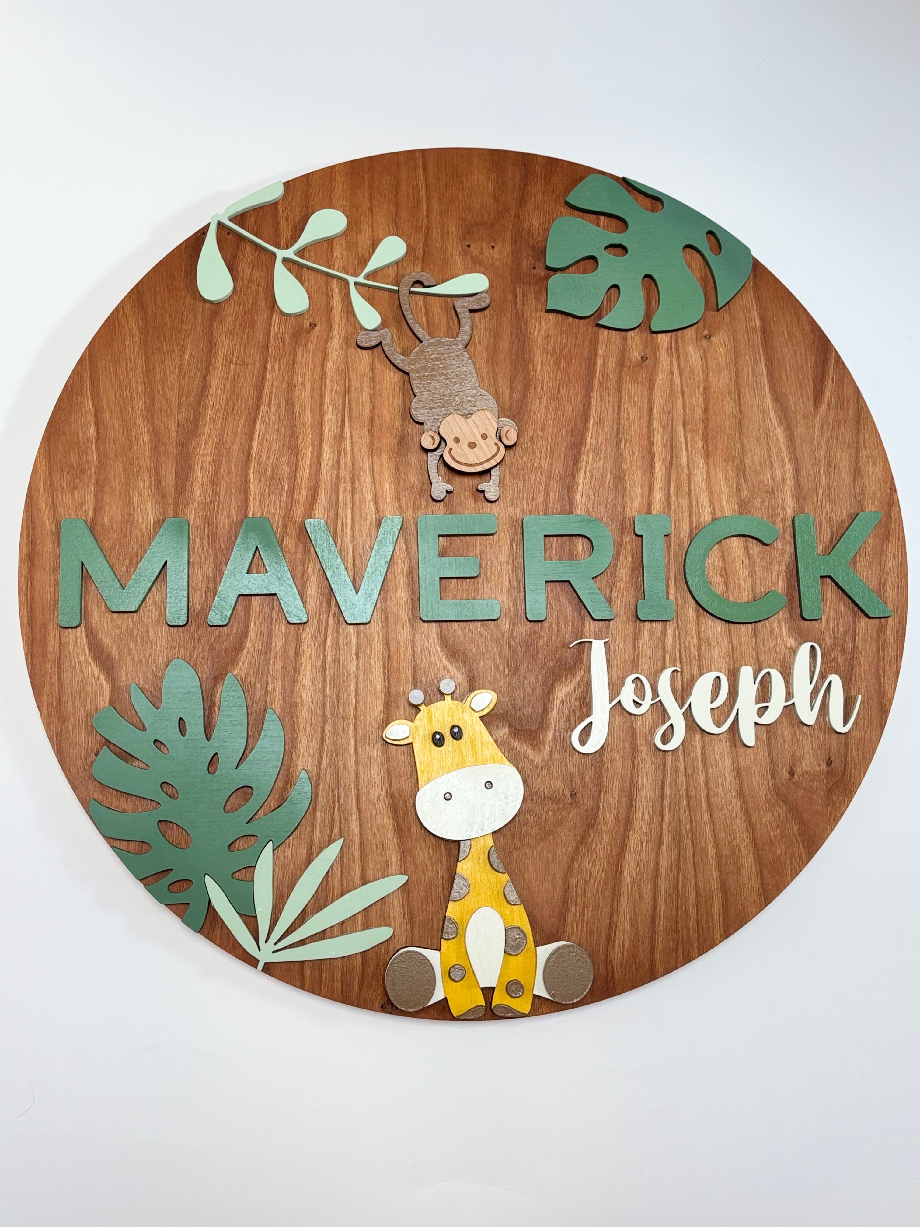 Personalized Round Wood Nursery Sign | Safari