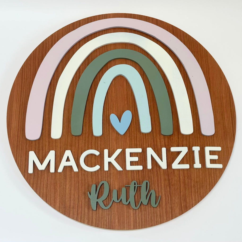 Personalized Round Wood Nursery Sign | Rainbow