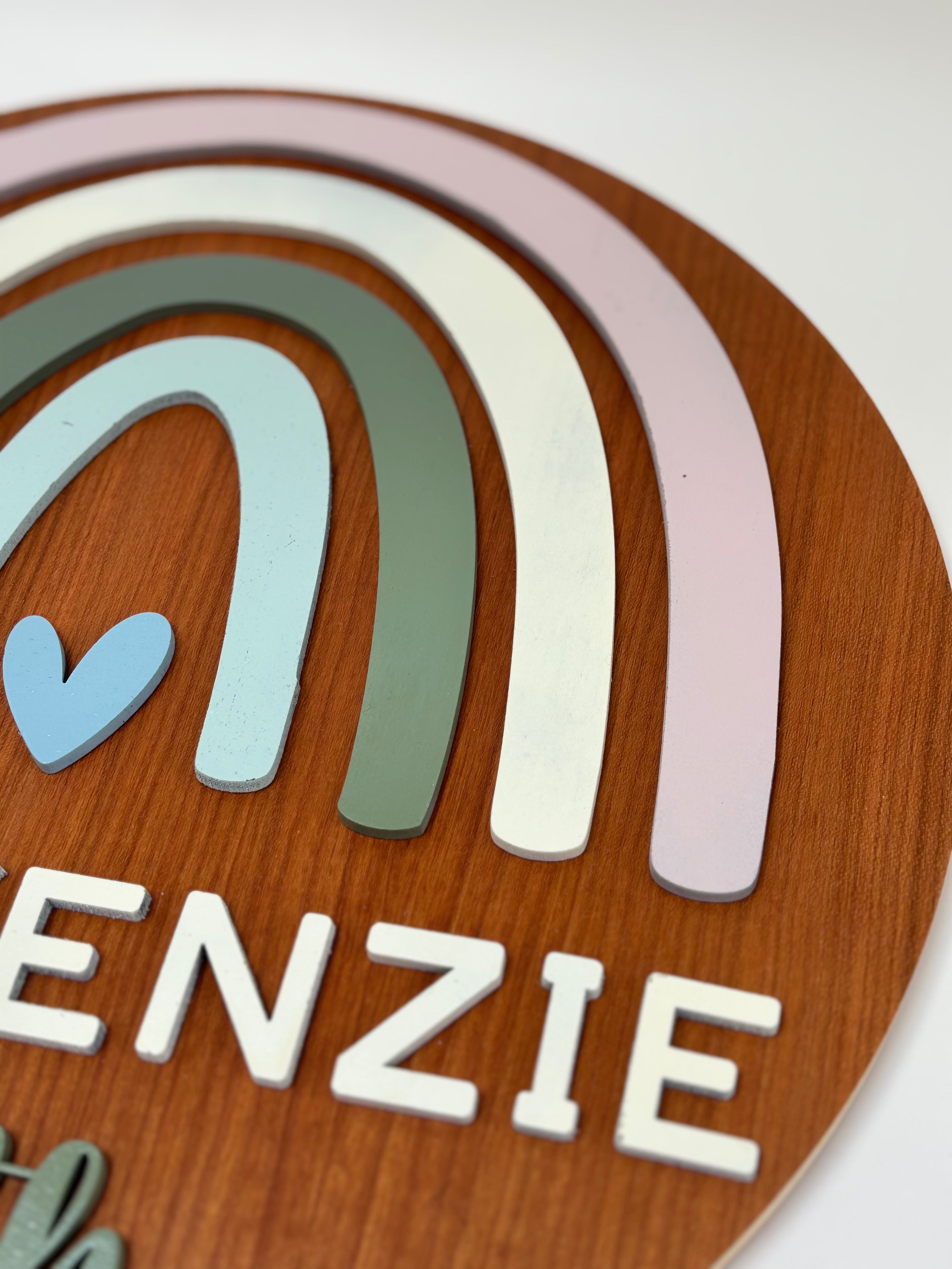 Personalized Round Wood Nursery Sign | Rainbow
