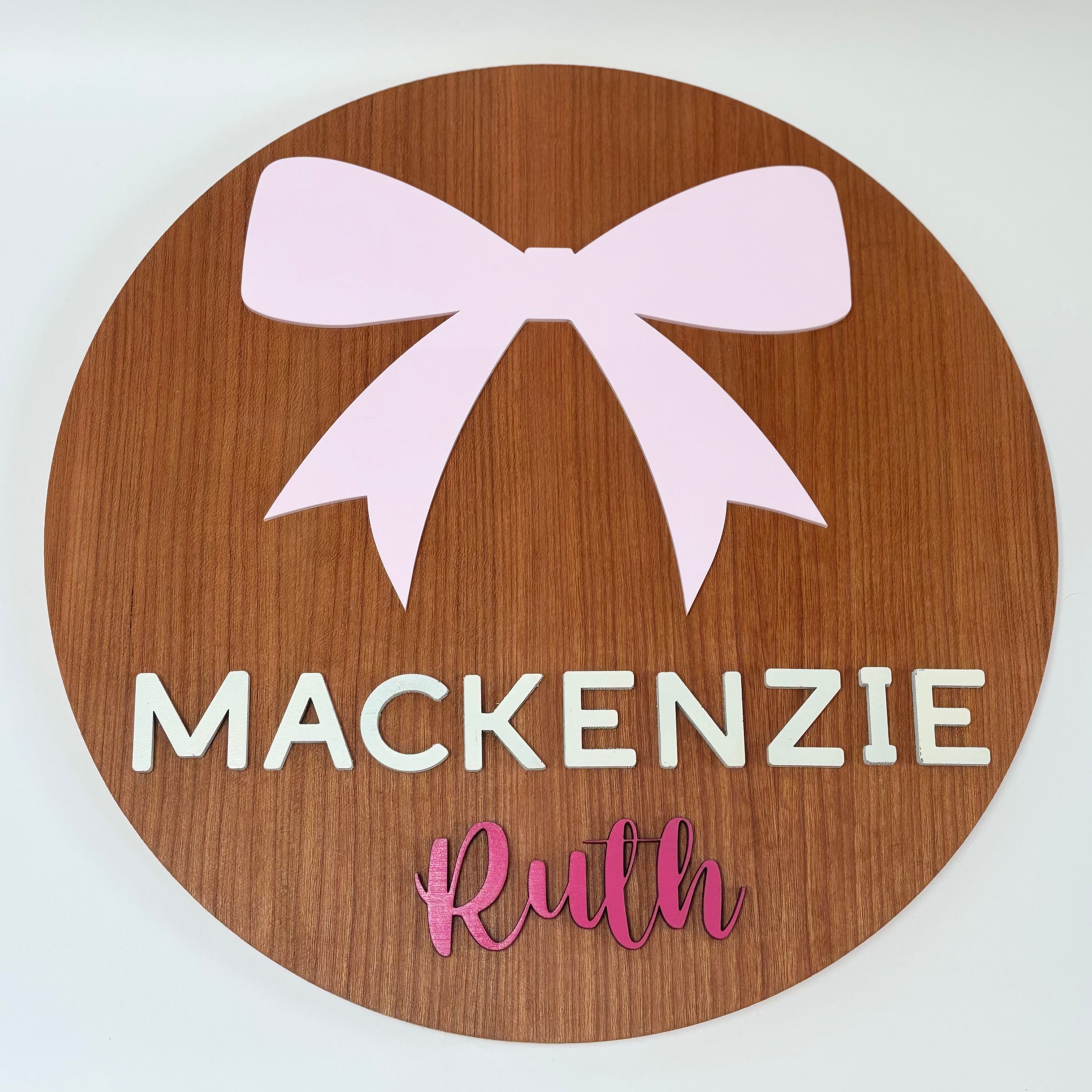 Personalized Round Wood Nursery Sign | Pink Bow
