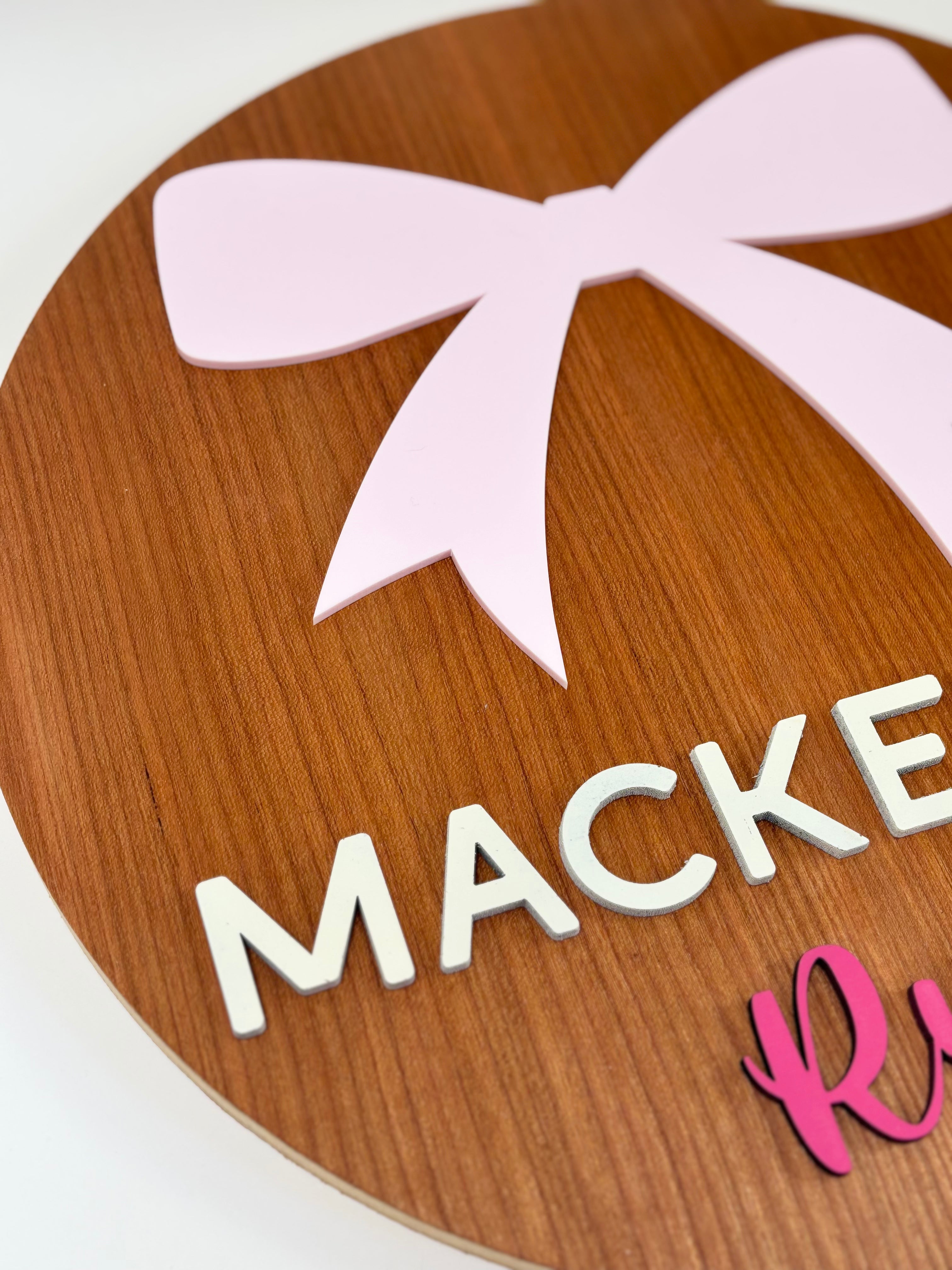Personalized Round Wood Nursery Sign | Pink Bow