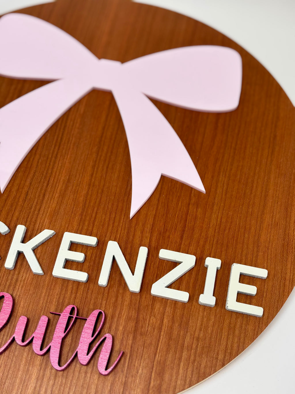 Personalized Round Wood Nursery Sign | Pink Bow