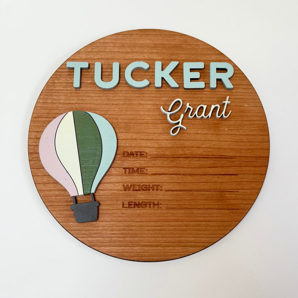 Personalized Birth Stats Round Wood Announcement Sign | Hot Air Balloon