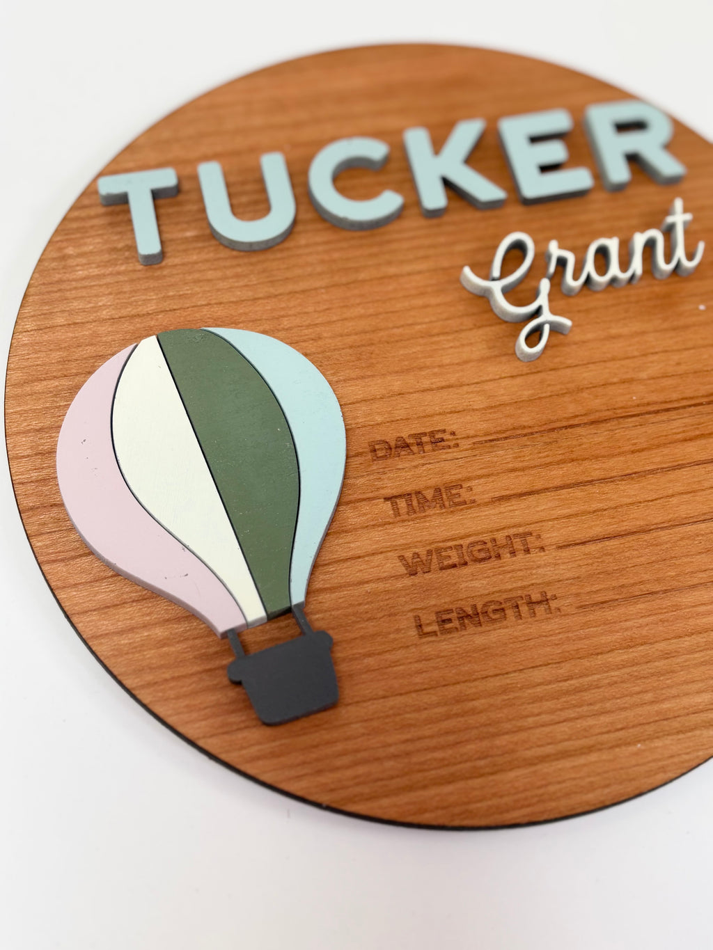 Personalized Birth Stats Round Wood Announcement Sign | Hot Air Balloon
