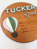 Personalized Birth Stats Round Wood Announcement Sign | Hot Air Balloon