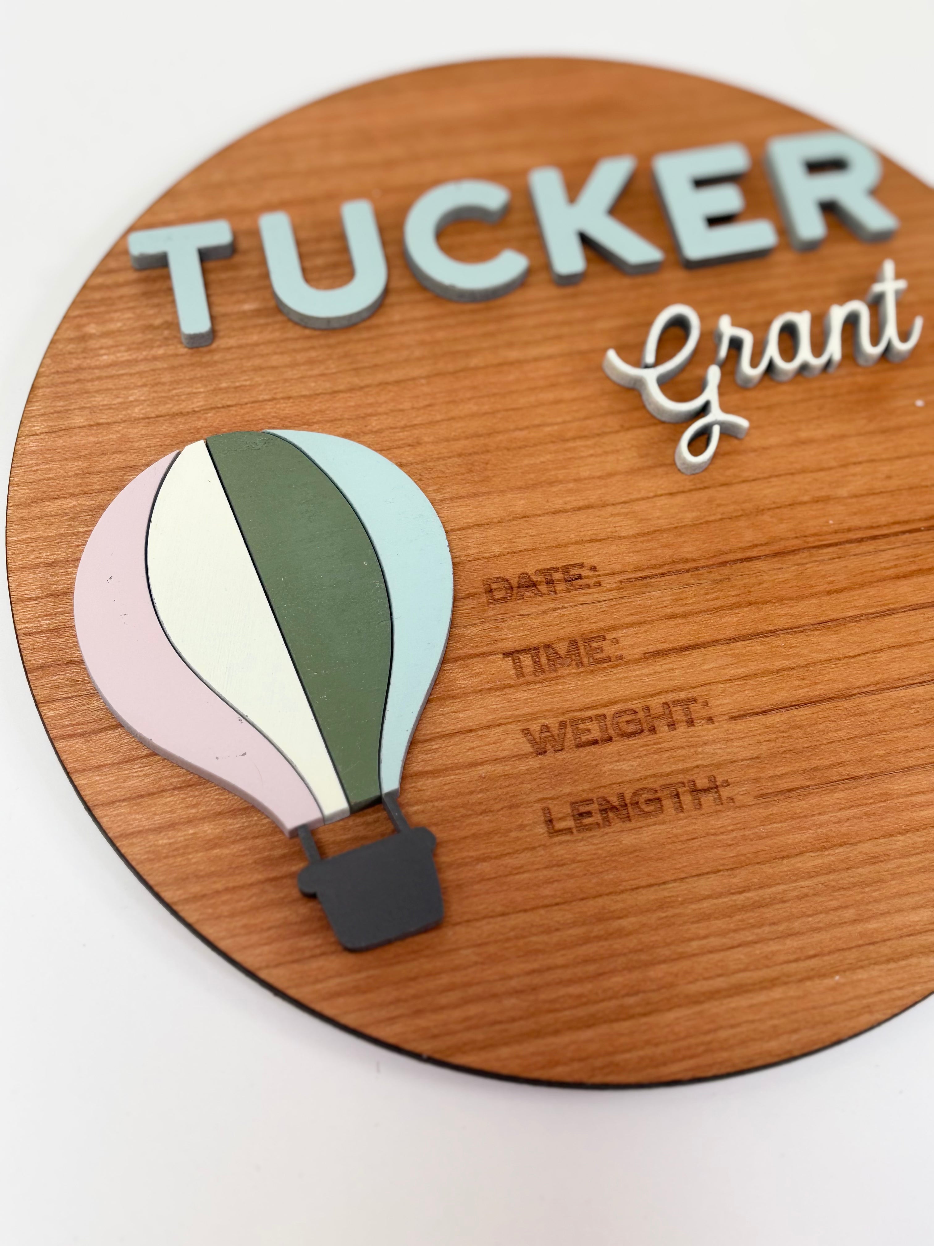 Personalized Birth Stats Round Wood Announcement Sign | Hot Air Balloon