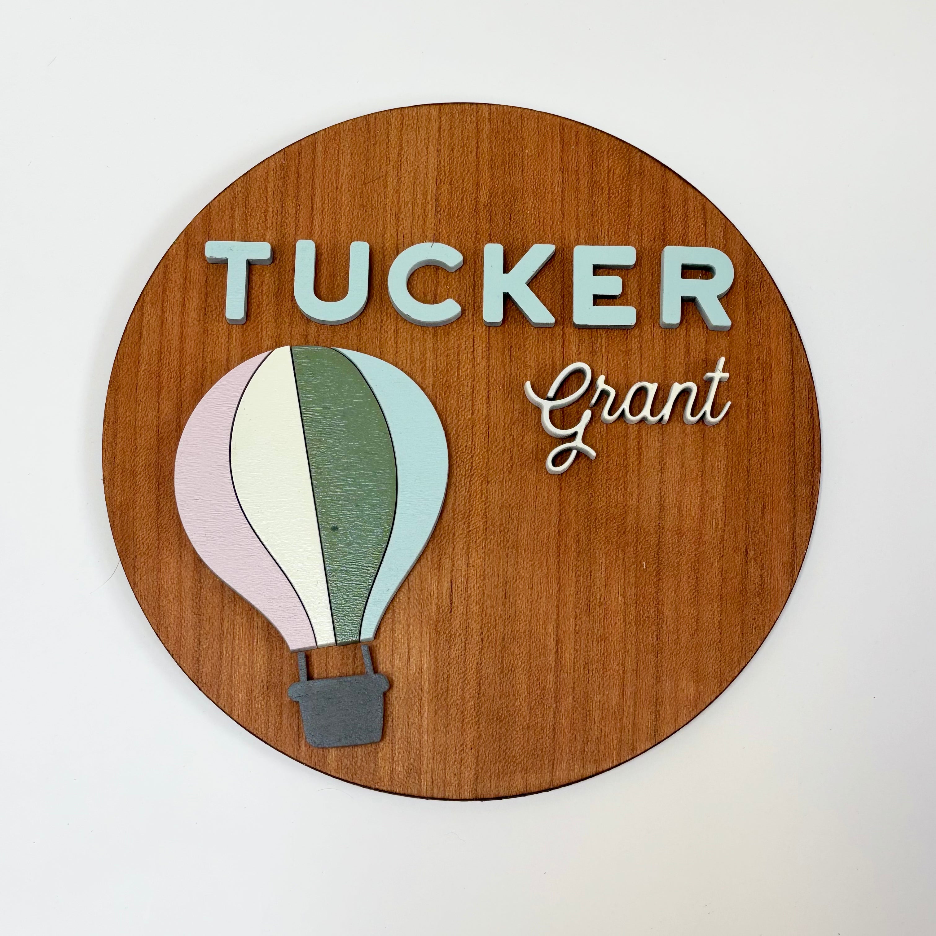 Personalized Birth Announcement Round Wood Sign | Hot Air Balloon