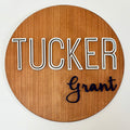 Personalized Birth Announcement Round Wood Sign | Navy and White