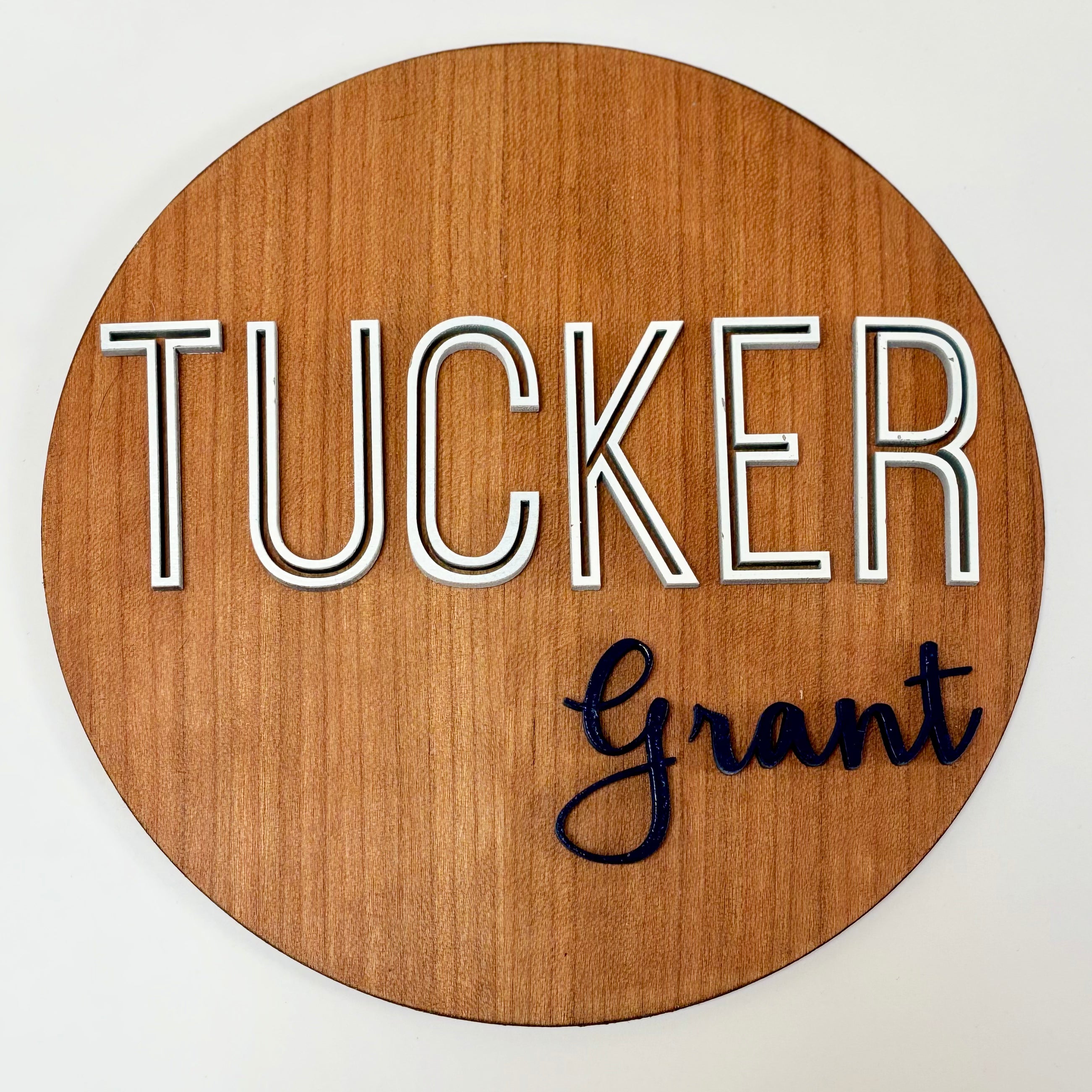 Personalized Birth Announcement Round Wood Sign | Navy and White