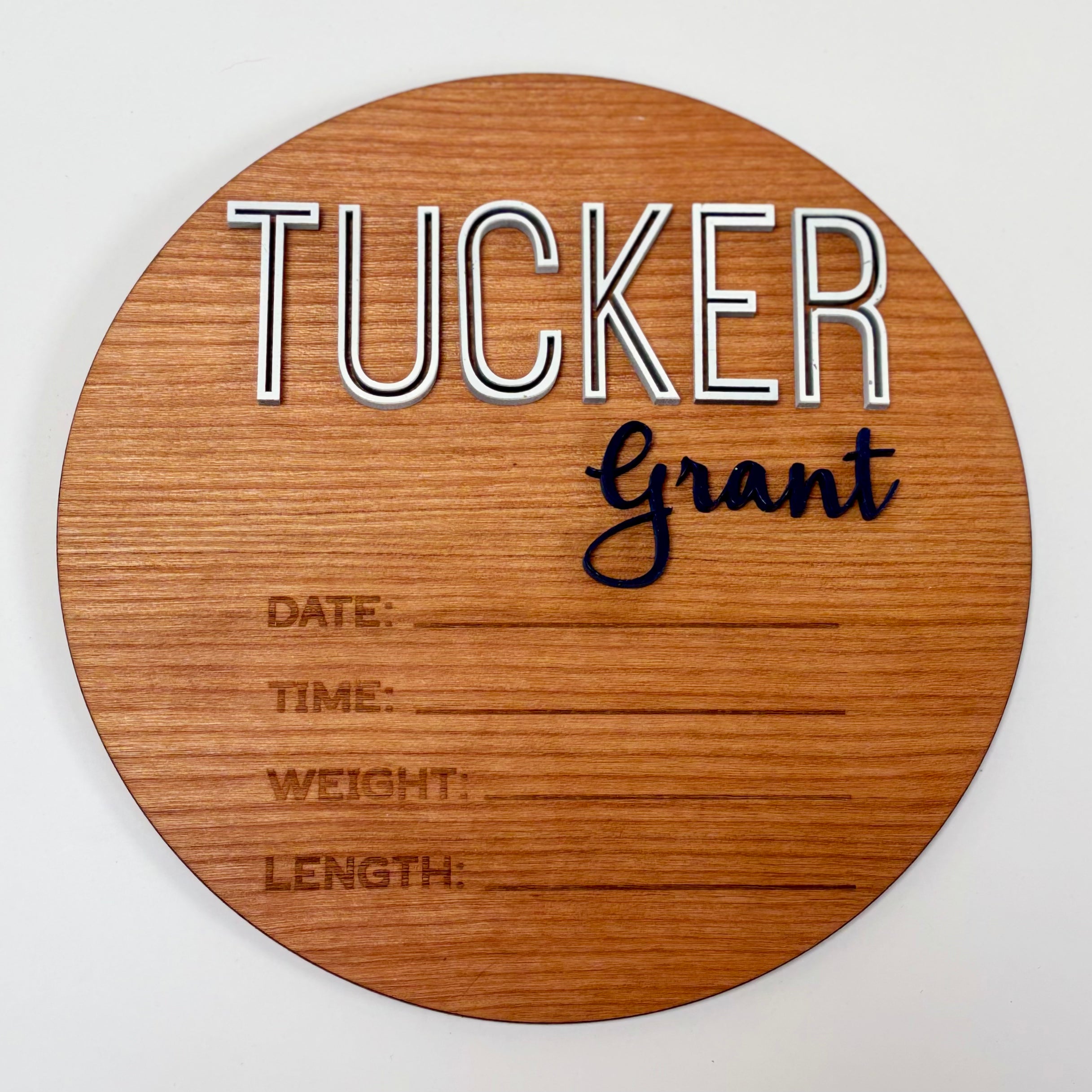 Personalized Birth Stats Round Wood Announcement Sign | Navy and White
