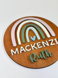 Personalized Birth Announcement Round Wood Sign | Rainbow
