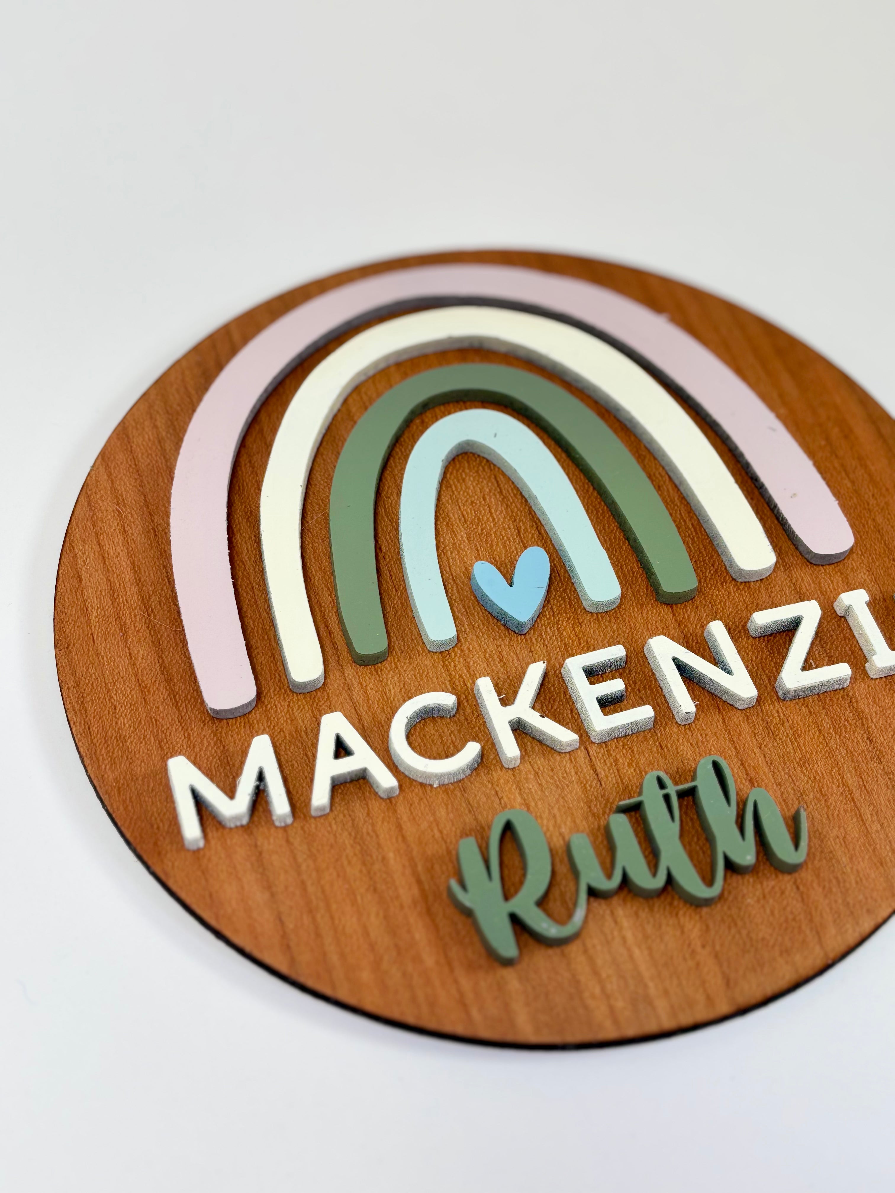 Personalized Birth Announcement Round Wood Sign | Rainbow