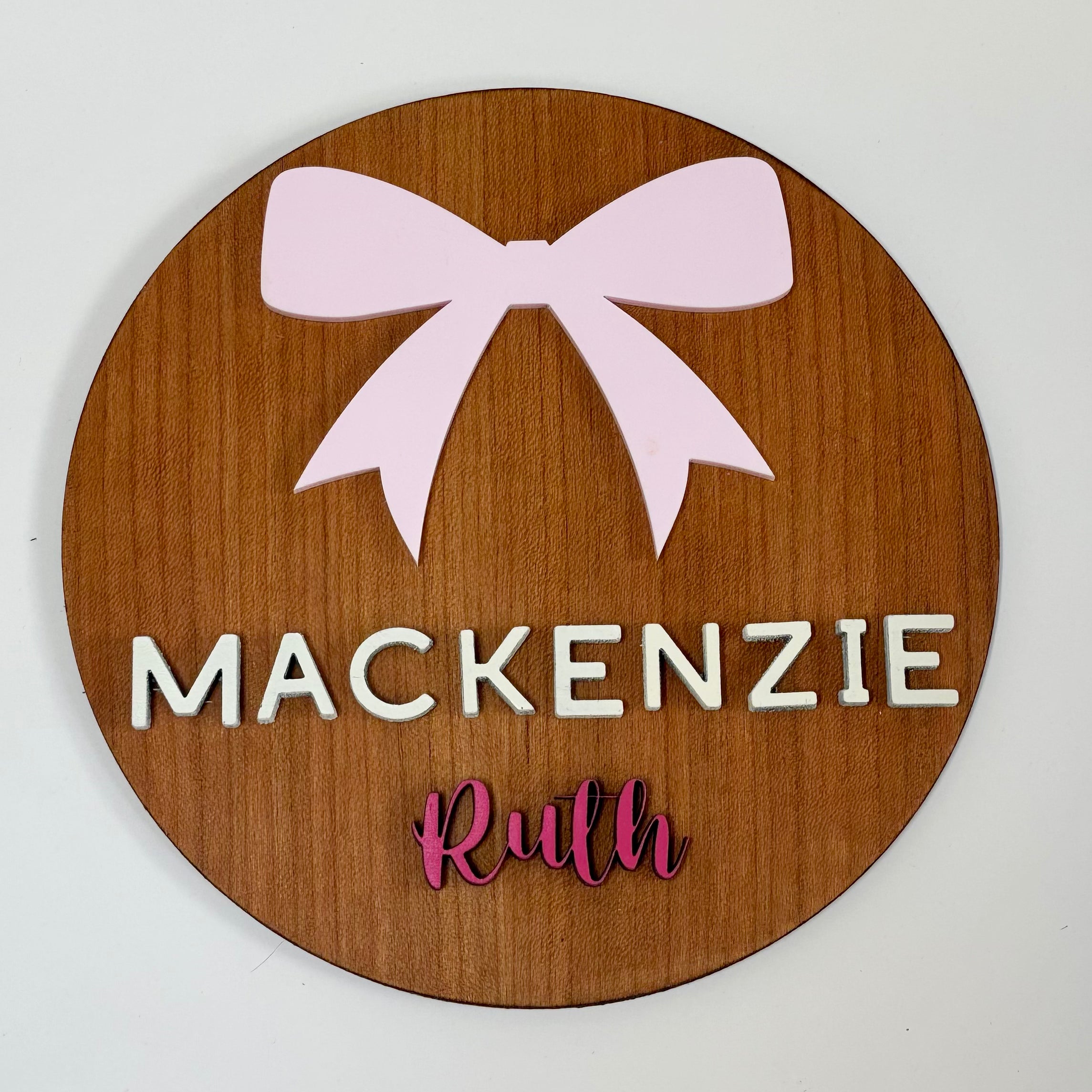 Personalized Birth Announcement Round Wood Sign | Pink Bow