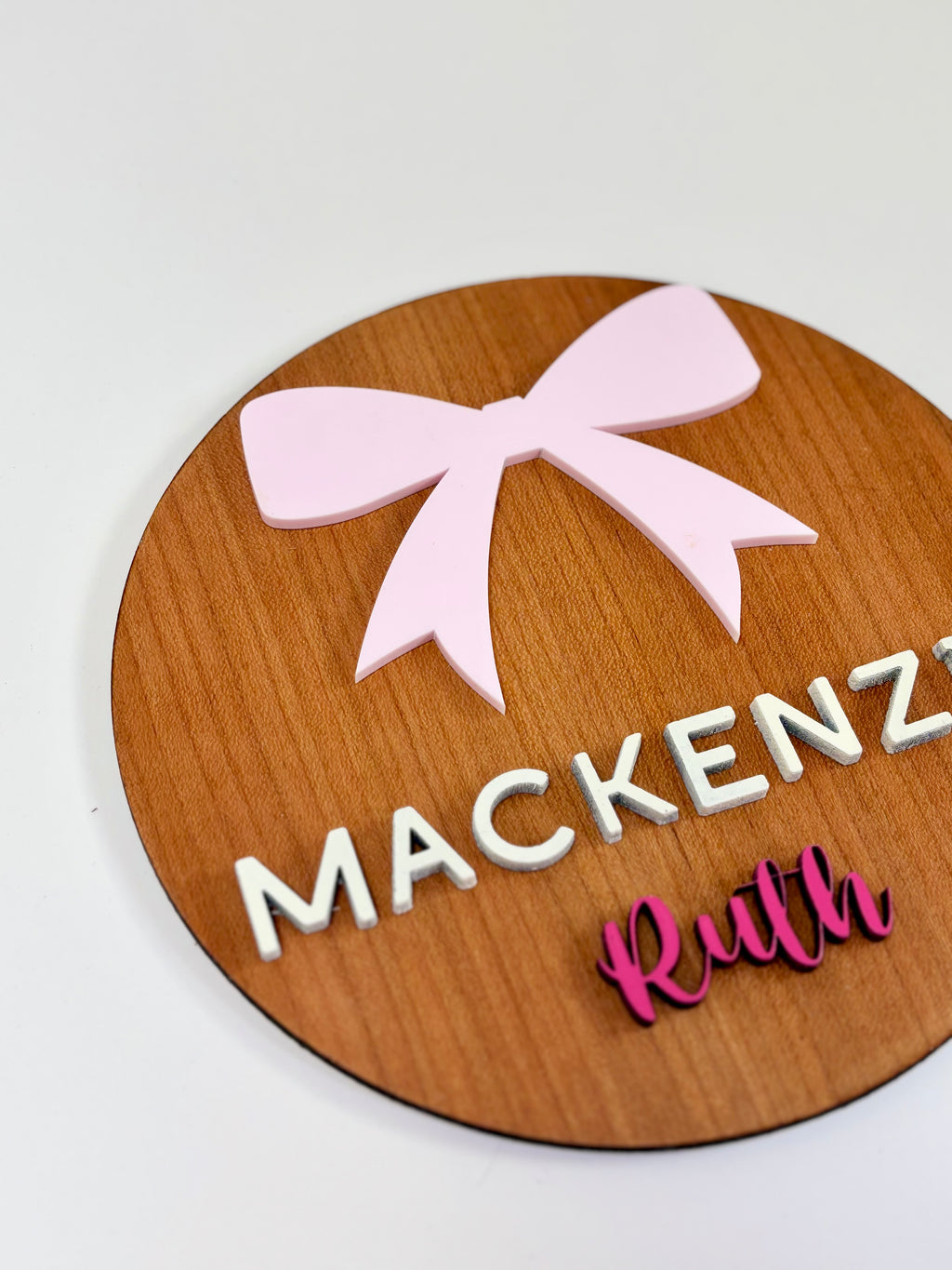 Personalized Birth Announcement Round Wood Sign | Pink Bow