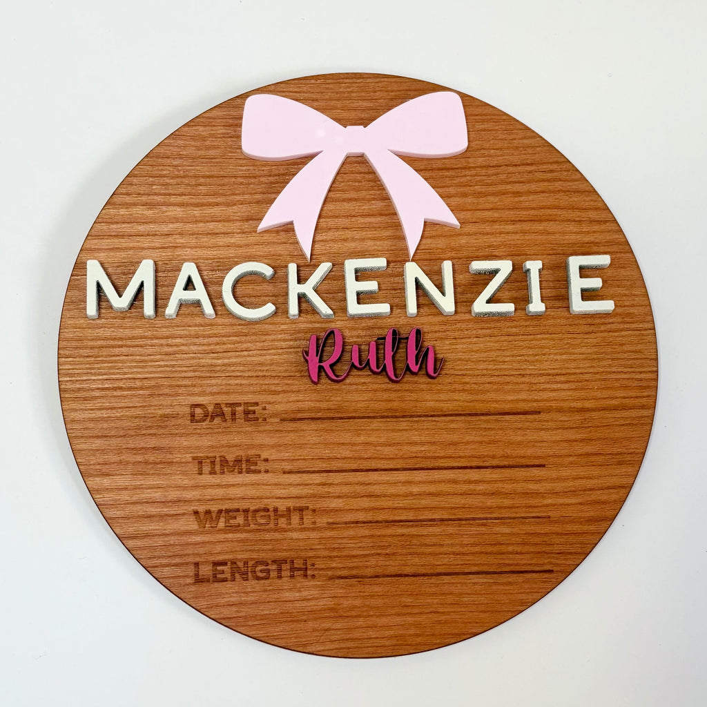 Personalized Birth Stats Round Wood Announcement Sign | Pink Bow