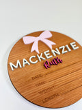 Personalized Birth Stats Round Wood Announcement Sign | Pink Bow