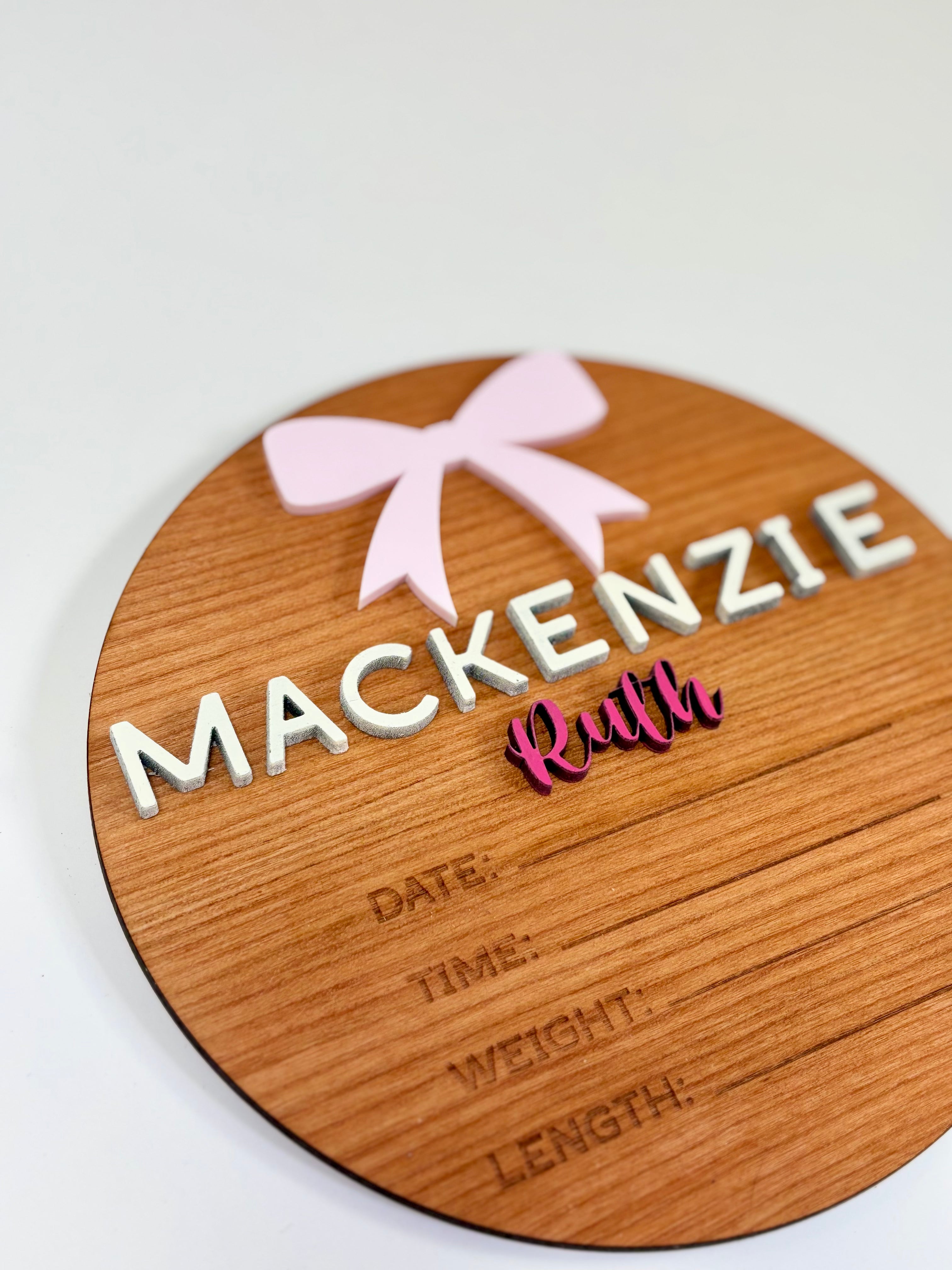 Personalized Birth Stats Round Wood Announcement Sign | Pink Bow