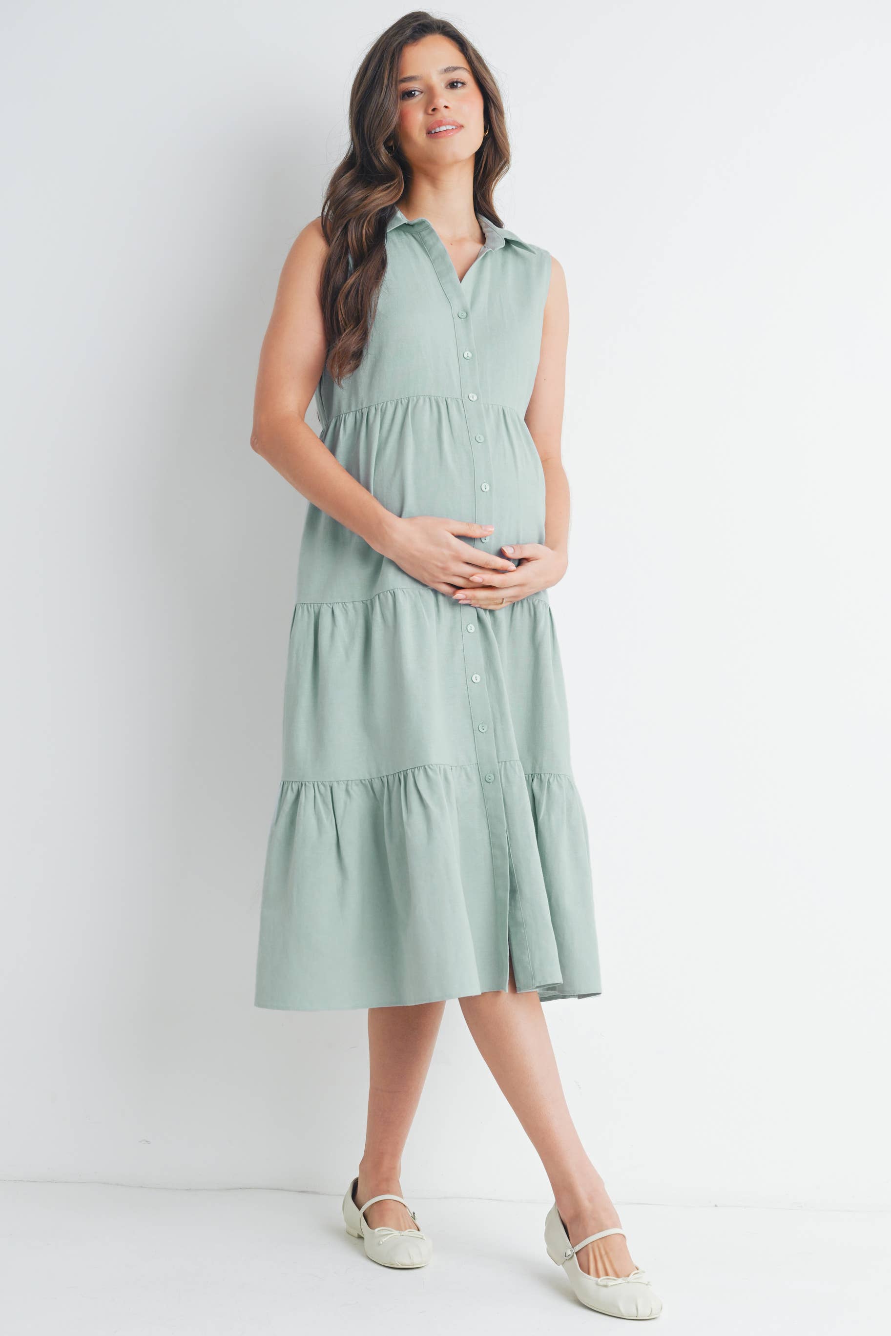 Tiered Maternity Sleeveless Midi Shirt Dress  : Sage