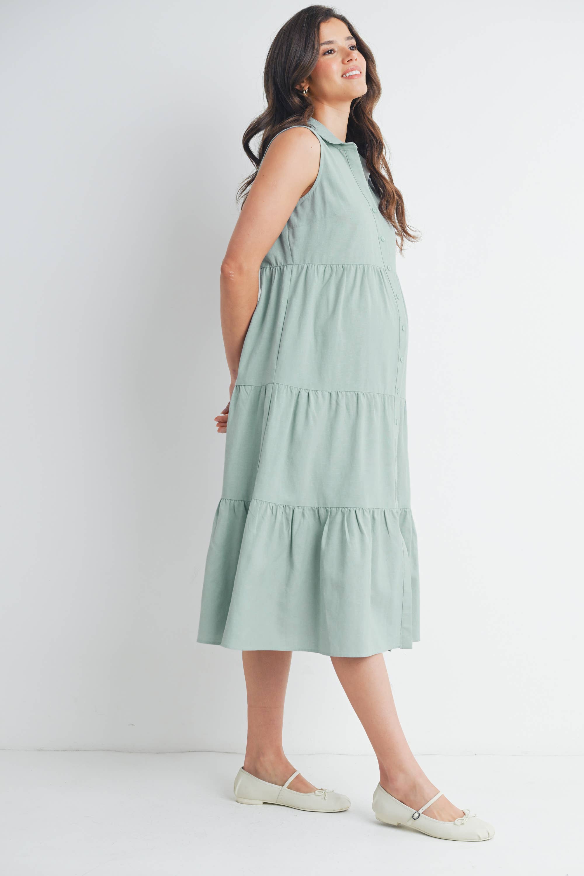 Tiered Maternity Sleeveless Midi Shirt Dress  : Sage
