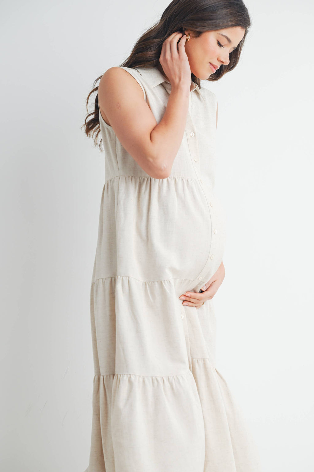 Tiered Maternity Sleeveless Midi Shirt Dress  : Oatmeal