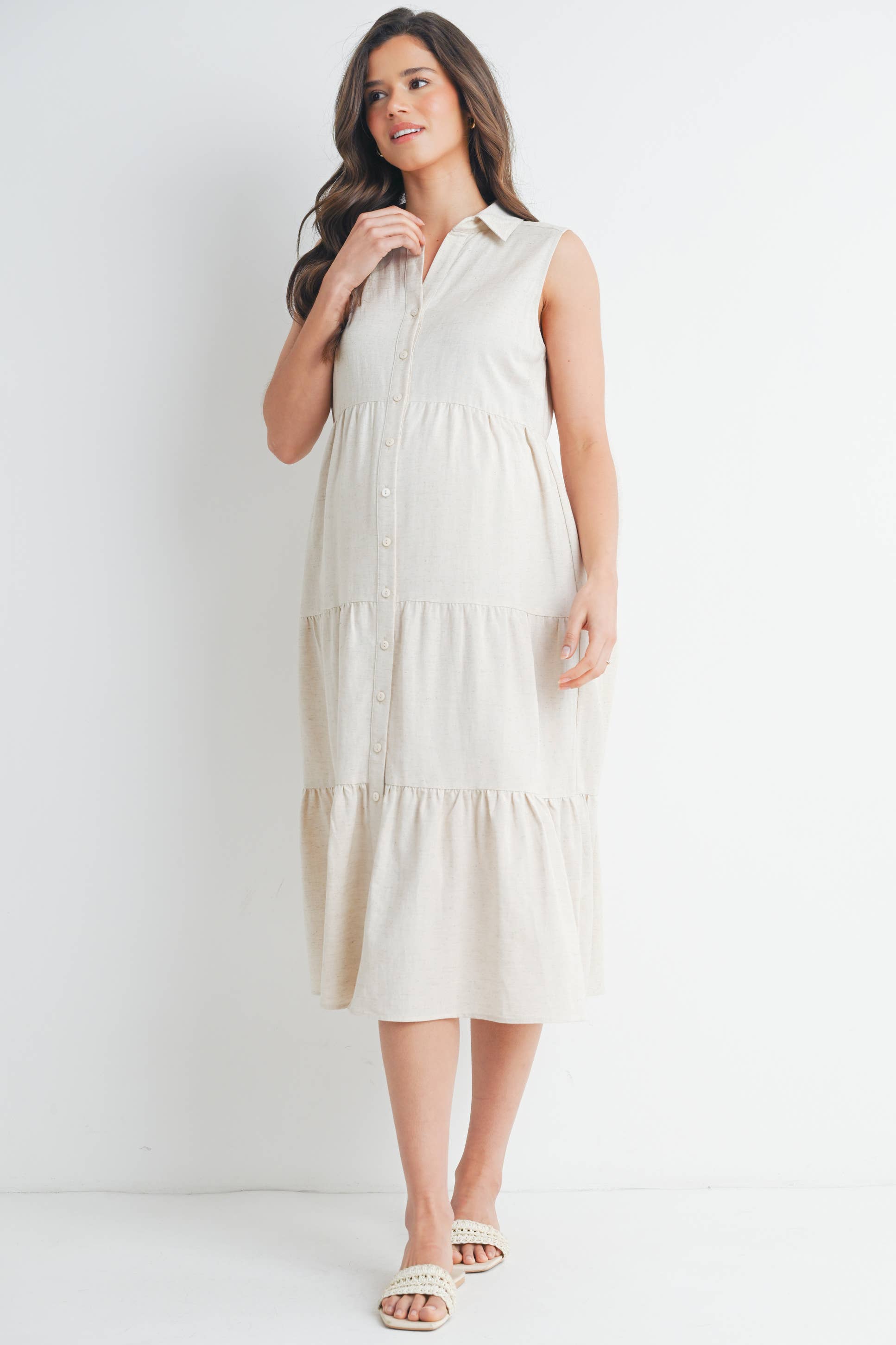 Tiered Maternity Sleeveless Midi Shirt Dress  : Oatmeal
